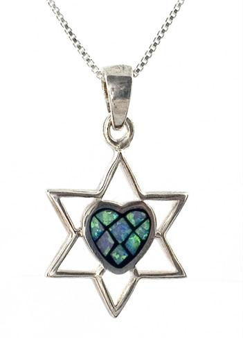 Opal & Silver Pendants - Silver and Opal Star of David with Heart Pendant
