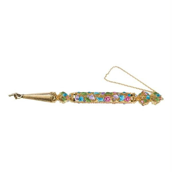 Metal, Aluminum Torah Pointers (Yads) - Golden Torah Pointer Yad with Leaves Crystals