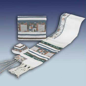 Bar Mitzvah Tallits - Green Jerusalem Dacron Wool Talit & Bag 18*72 Inches (Bar Mitzvah Boy)