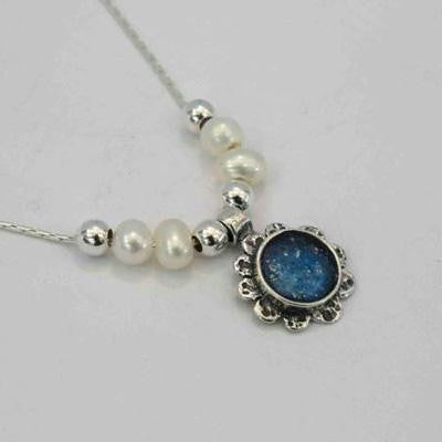 Candelabras - Sterling Silver Ancient Roman Glass Folral Pendant with Pearls