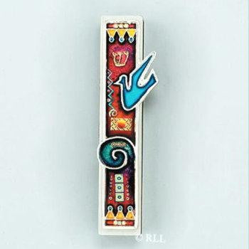 Metal Mezuzahs - Enameled & Jeweled Bird Mezuzah