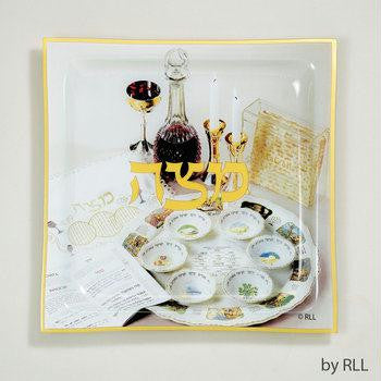 Glass Seder Plates - Glass Matzah Tray, Seder Scene, Square, 11.5"
