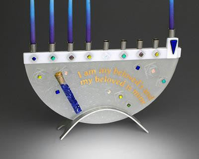 Handmade Glass Menorahs - Beloved Menorah with tube for shards