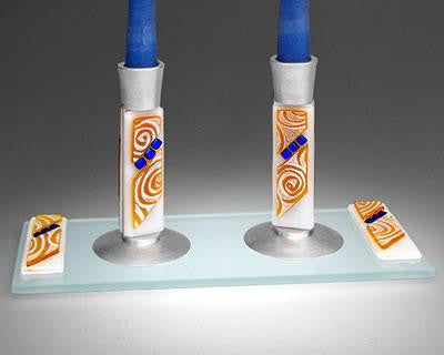 Candlestick Sets with Drip Plate - Vortex Amber Candlesticks & Drip Plate