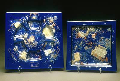 Glass Seder Plates - Blue Collage Seder Plate & Matzah Tray
