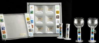 Glass Seder Plates - 12 Tribes Square Seder Plate, Matzah Tray & Candlesticks Set Complete Set 6 Pieces,A Miriam¿s And Elijah¿s Cups Add