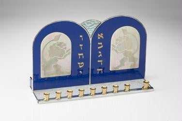 Handmade Glass Menorahs - Lions of Judah I Menorah Blue Opalescent & Iridescent Beige Lions