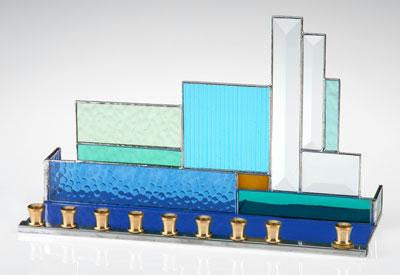 Handmade Glass Menorahs - Skyline Menorah - stained designed glass
