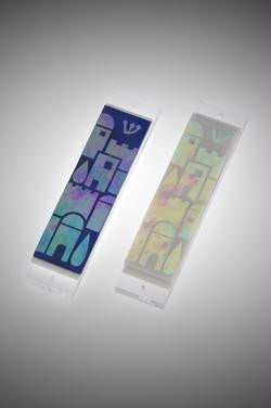Handmade Glass & Stained Glass Mezuzahs - Iridescent Jerusalem Mezuzah Dark Blue Iridescent