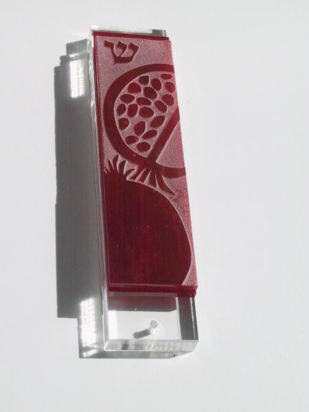 Handmade Glass & Stained Glass Mezuzahs - Pomegranate Mezuzah Red Iridescent