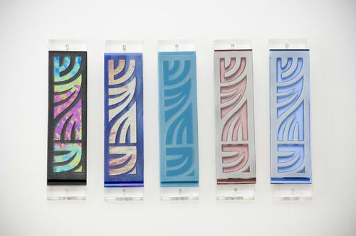 Handmade Glass & Stained Glass Mezuzahs - Shin Design Mezuzah Red Iridescent