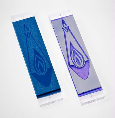Handmade Glass & Stained Glass Mezuzahs - Ner Tamid (Eternal Light) Mezuzah Dark Blue Iridescent on White