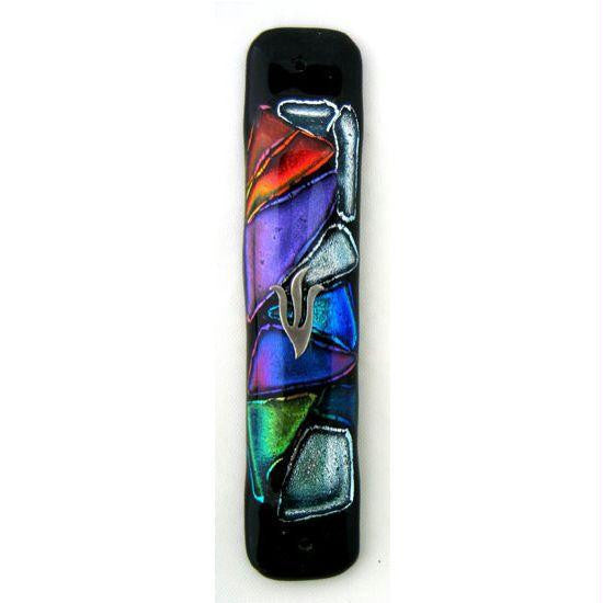 Handmade Glass & Stained Glass Mezuzahs - Black Rainbow Fusion Mezuzah