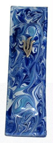 Handmade Glass & Stained Glass Mezuzahs - Blue and White with Turquoise Marbled Mezuzah