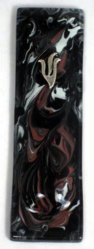 Handmade Glass & Stained Glass Mezuzahs - Black and White with Tomato Marbled Mezuzah
