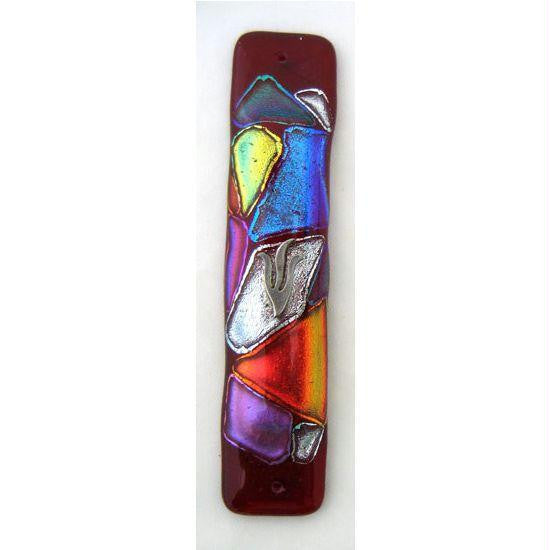 Handmade Glass & Stained Glass Mezuzahs - Red Rainbow Fusion Mezuzah