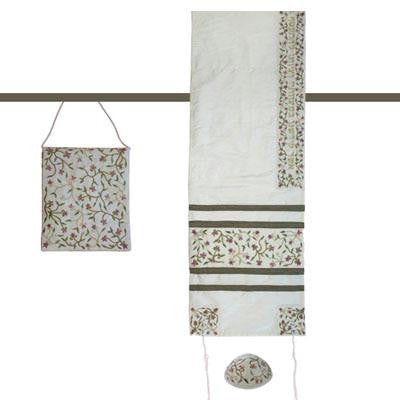 Women's Tallitot - Flowers White Embroidered Raw Silk Women Tallit by Yair Emanuel