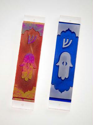 Handmade Glass & Stained Glass Mezuzahs - Blue and White Handcrafted Hamsa Mezuzah