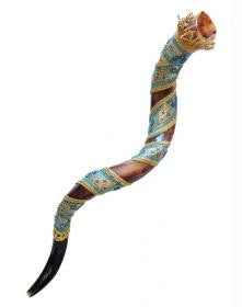 Yemenite Shofars - Yemenite Decorated Shofar - Turquoise and gold 40&quot;-44&quot;