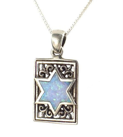 Opal &amp; Silver Pendants - Silver and Opal Rectangle Star of David Pendant