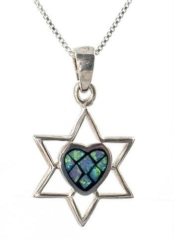 Opal &amp; Silver Pendants - Silver and Opal Star of David with Heart Pendant