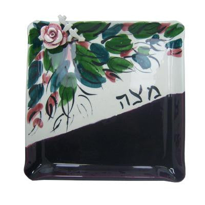 Ceramic Matzah Trays and Matzah Holders - Black Floral Ceramic Matzah Plate