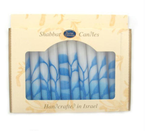 Candles - Decorative Safed White and Blue Shabbat Candles