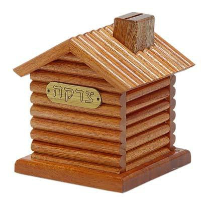 Wooden &amp; Carved Tzedakah Box - Wooden Log Cabin Tzedakah Box