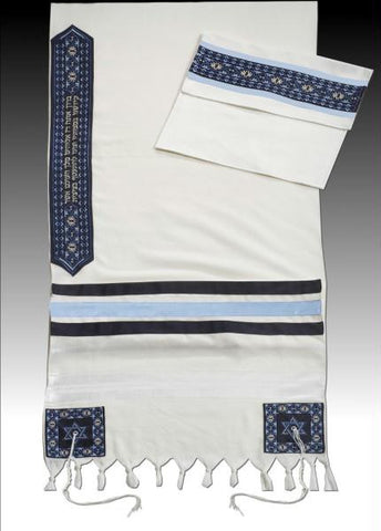 David Collection - Men Tallit Set - Blue 100% Wool Add