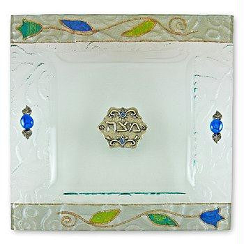 Glass Seder Plates - Lily Glass Matzah Tray With Pewter