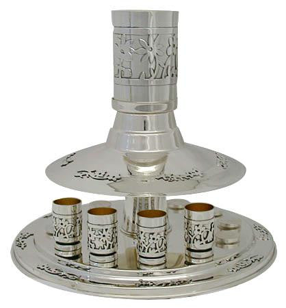 Sterling Silver Fountains Sets - Sterling Silver Kiddush Fountain Kiddush set for 12, round, cut out flower motif