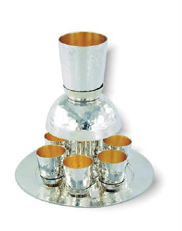 Sterling Silver Fountains Sets - Sterling Silver Hammered Kiddush Fountain Set