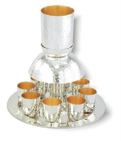 Sterling Silver Fountains Sets - Sterling Silver Hammered Kiddush Fountain Set