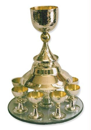 Sterling Silver Fountains Sets - Sterling Silver Hammered Kiddush Fountain Set On glass plate