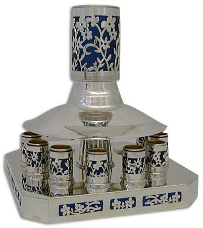 Sterling Silver Fountains Sets - Sterling Silver Kiddush Set for 12, octagonal base, cut out flower motif