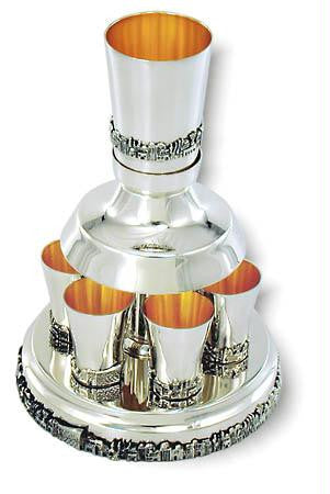 Sterling Silver Fountains Sets - Sterling Silver Kiddush Fountain Set - Jerusalem Scene