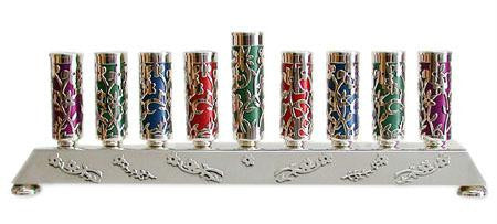 Sterling Silver Menorahs - Anodized Sterling Silver Menorah with Cut Out Flowers