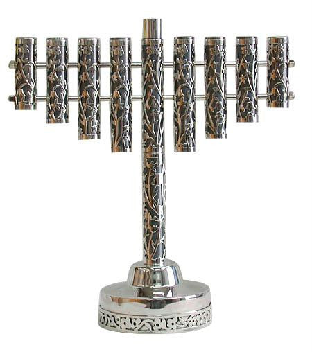 Sterling Silver Menorahs - Anodized Sterling Silver Menorah with Cut Out Flowers