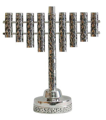 Sterling Silver Menorahs - Anodized Sterling Silver Menorah with Cut Out Flowers