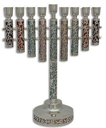 Sterling Silver Menorahs - Anodized Sterling Silver Menorah with Cut Out Flowers