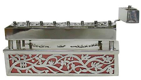 Sterling Silver Menorahs - Anodized Sterling Silver Traveler Menorah with Cut Out Flowers