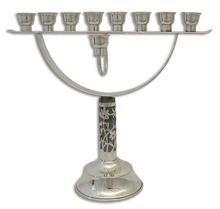 Sterling Silver Menorahs - Anodized Sterling Silver Menorah With Cut Out Flower Base