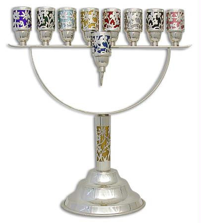Sterling Silver Menorahs - Anodized Sterling Silver Menorah with Cut Out Flowers