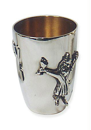 Sterling Silver Kiddush Cups - Sterling Silver Purim Cup AD DELO YADA dancer holding a wine cup