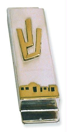 Sterling Silver Mezuzahs - Sterling Silver Mezuzah Jerusalem of Gold panorama and letter Shin brass Without Parchment Just the Mezuzah Alone