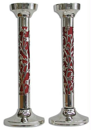 Sterling Silver Candlesticks - Sterling Silver Candlesticks - cut out flowers motif red tube insert Oxedized Sterling Silver Tubes Add Brown