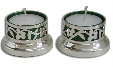 Sterling Silver Candlesticks - Sterling Silver Candlesticks - tea light candles cut out flower motif colored insert 189CL