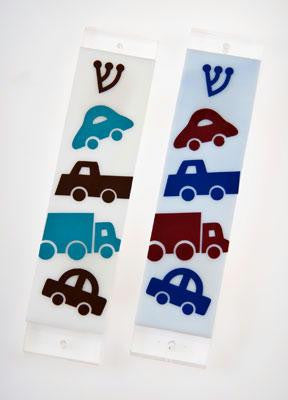 Baby Mezuzot - Car and Trucks Mezuzah Teal and Brown