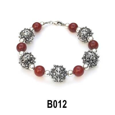 Beaded Stone Bracelet With Filigree Sterling Silver - Ethnic Beaded Bracelet with Silver Balls and Stones Carnelian (as shown)