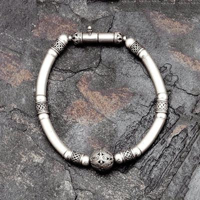 Beaded Stone Bracelet With Filigree Sterling Silver - Silver Beaded and Tubed Ethnic Bracelet